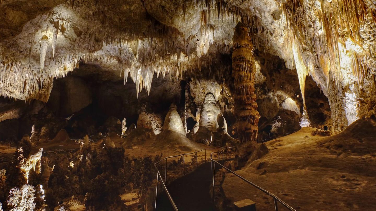 The Big Room at Carlsbad Caverns, with stalactites and stalagmites, dimly lit with a warm glow.