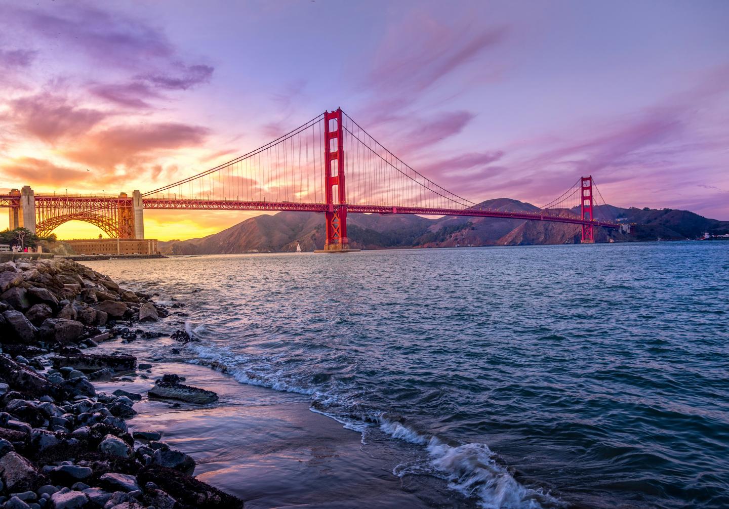 Golden Gate Bridge at sunset over calm water with vibrant sky.