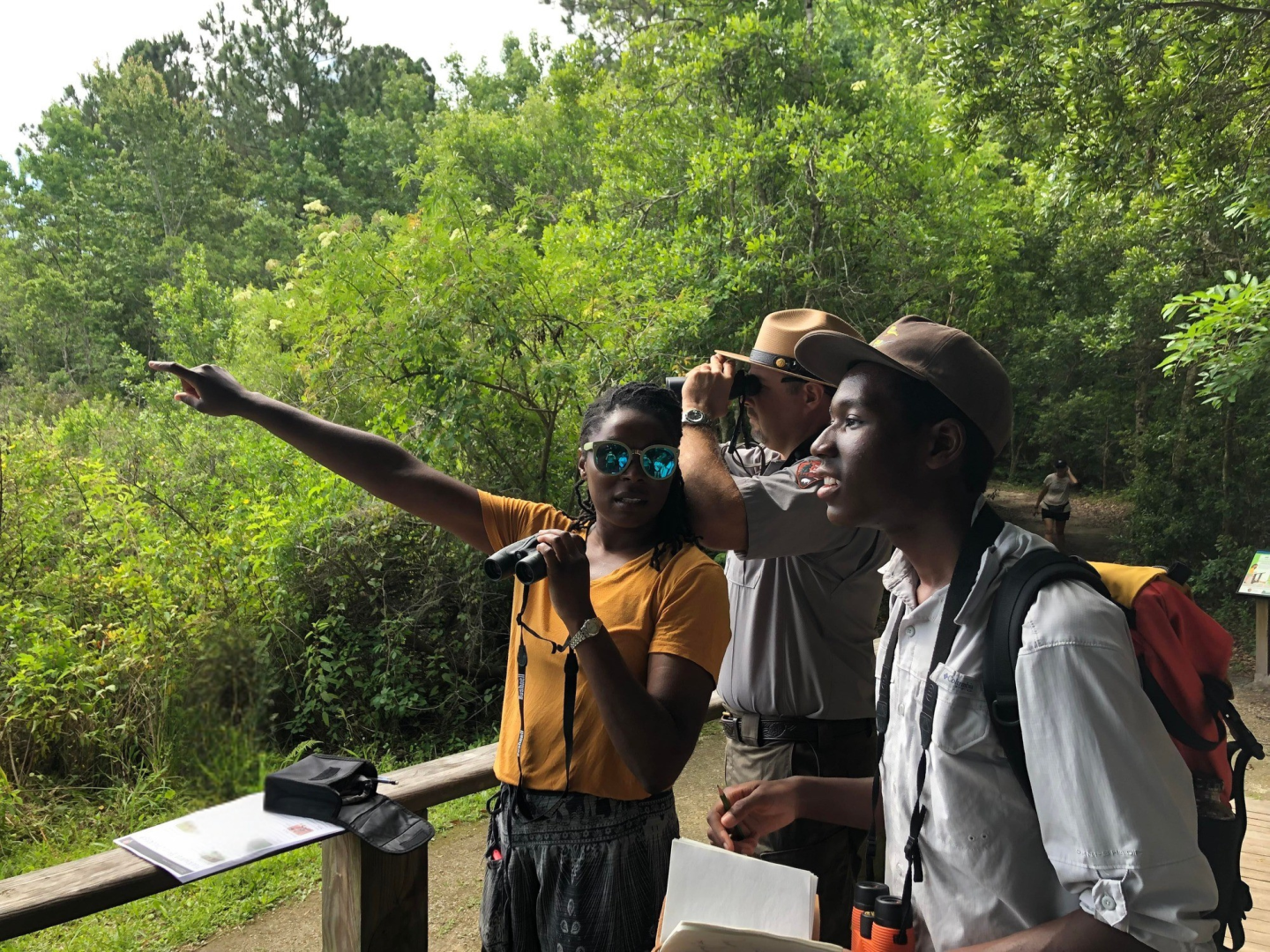 Three people birdwatching, one pointing and others using binoculars in a forest setting.