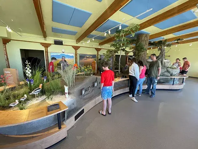 People observing exhibits in Great Sand Dunes visitor center.