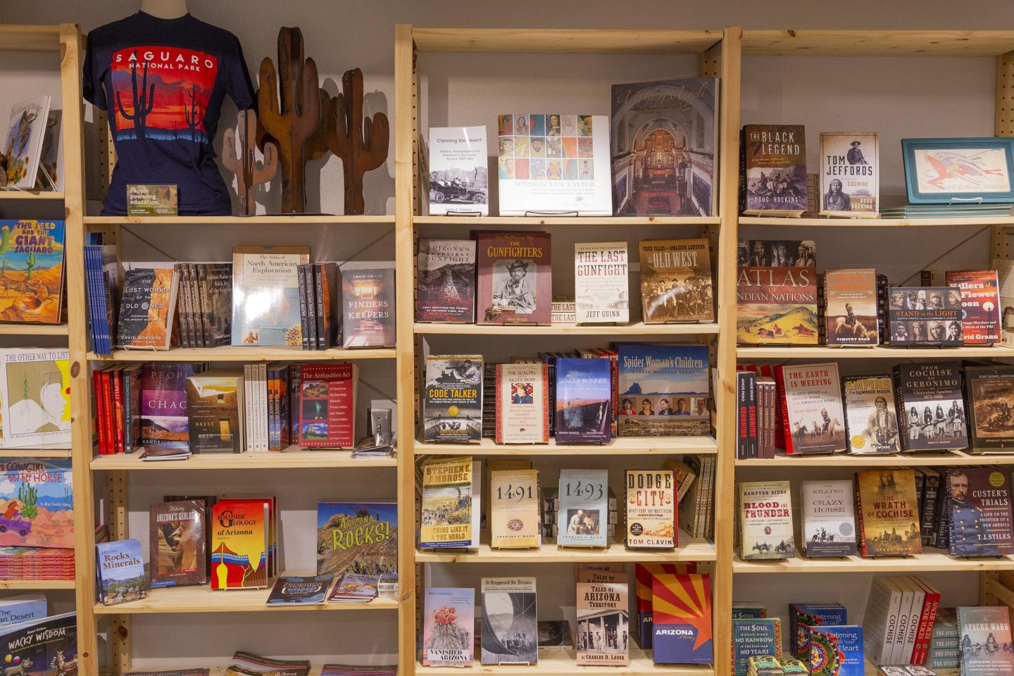 Bookshelves filled with various books, travel guides, and a cactus decoration.