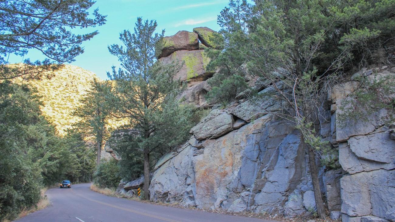 Road winding through rocky canyon with trees and clear blue sky.
