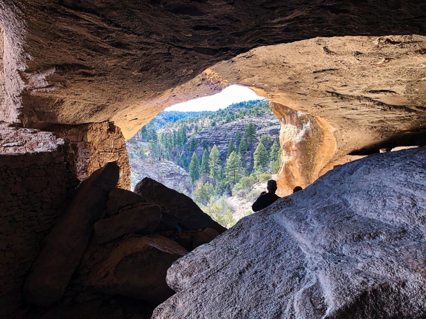 Cave opening with view of forest and hills in sunlight.