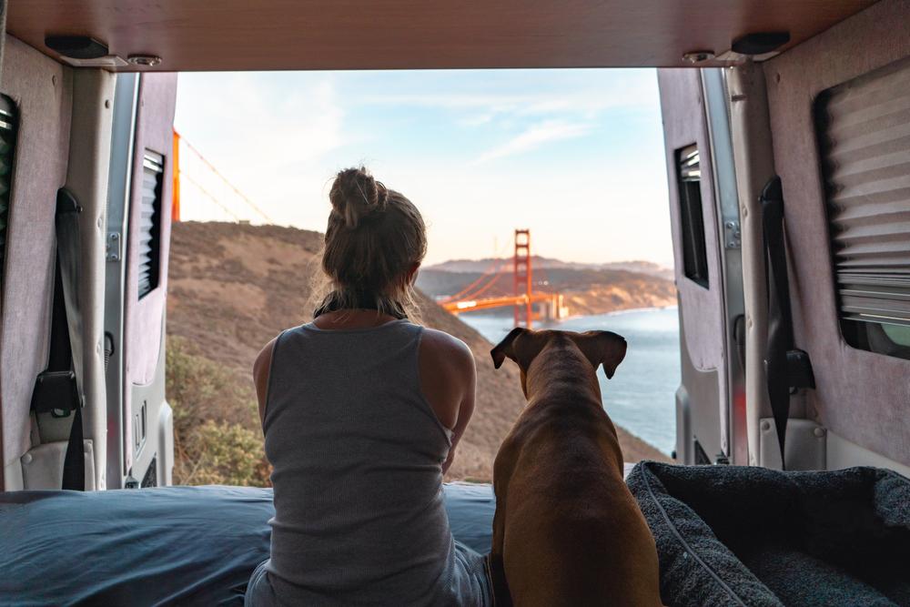Woman and dog sitting in van, overlooking Golden Gate Bridge.