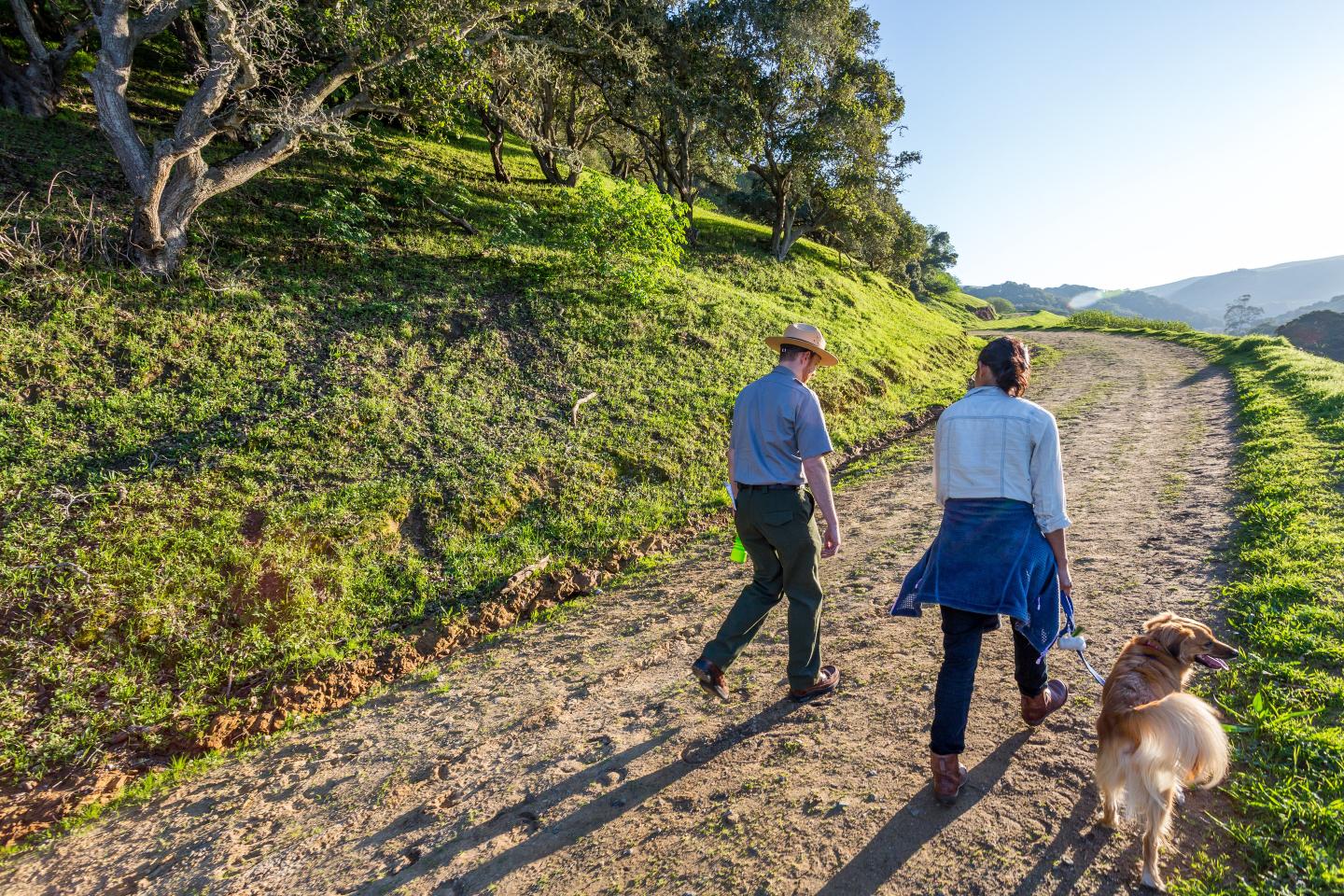 Two people walking a dog on a sunny hillside path.