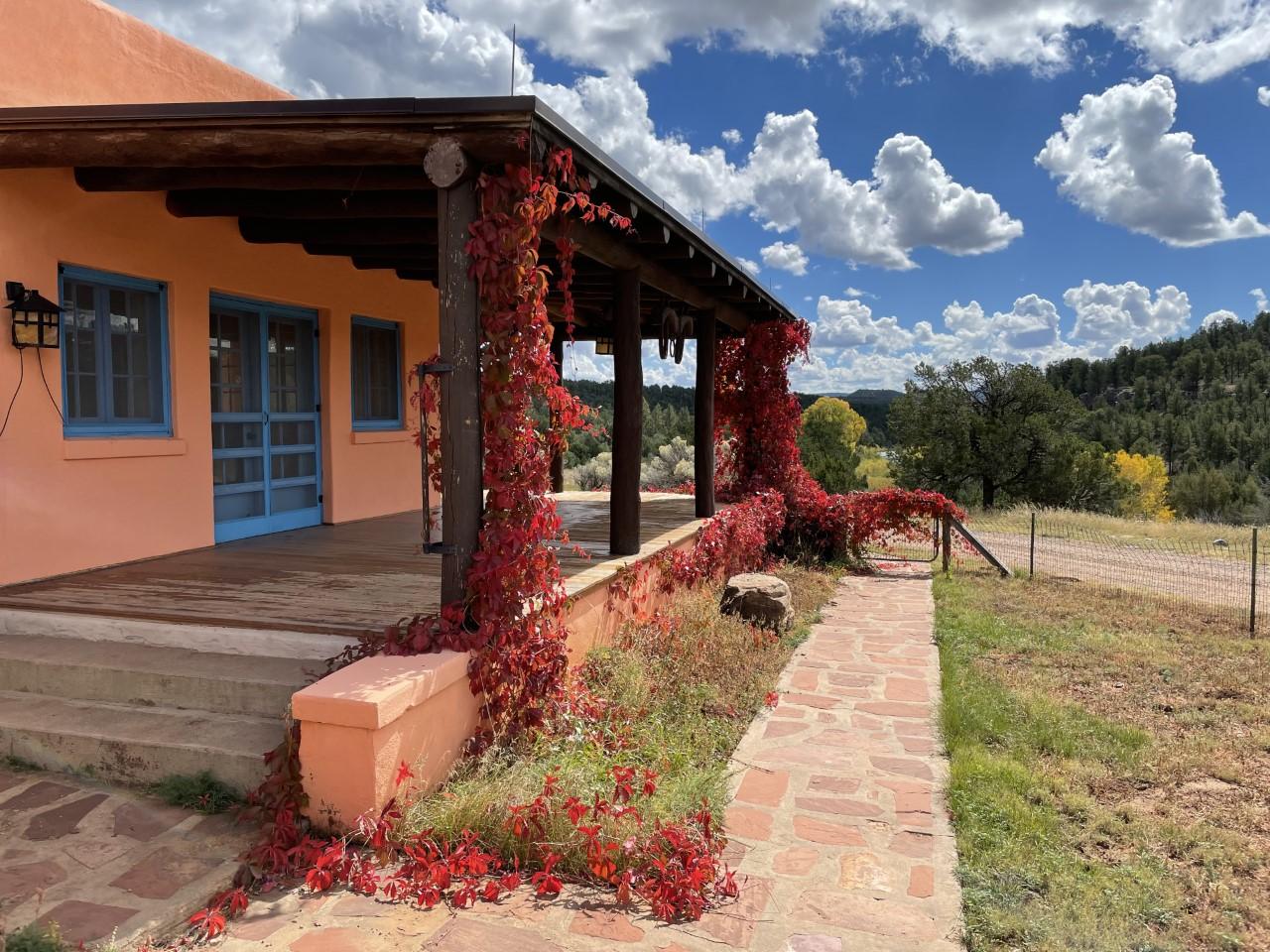 Adobe-style house with red vines under a blue sky with clouds.
