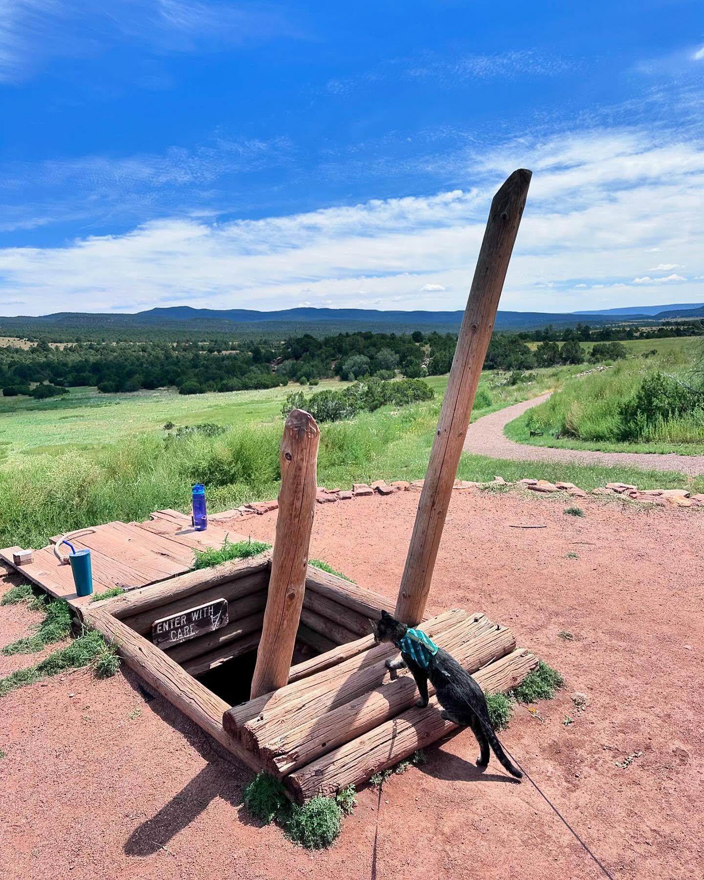 Wooden structure over an underground entrance, landscape in the background.